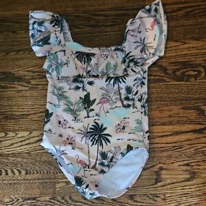 Janie and Jack Tropical Print Kids Swim One Piece - White and Green